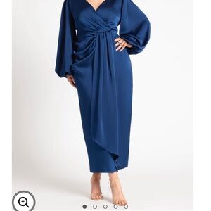 Eloquii NWT Deep Blue Satin Puff Pleated Long Sleeve Dress, Size 16